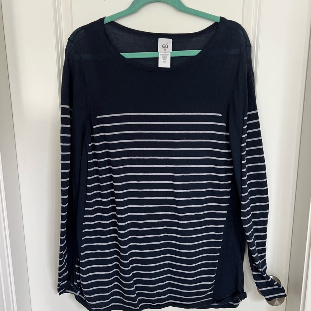 CAbi Navy and White Striped Long Sleeve Top
